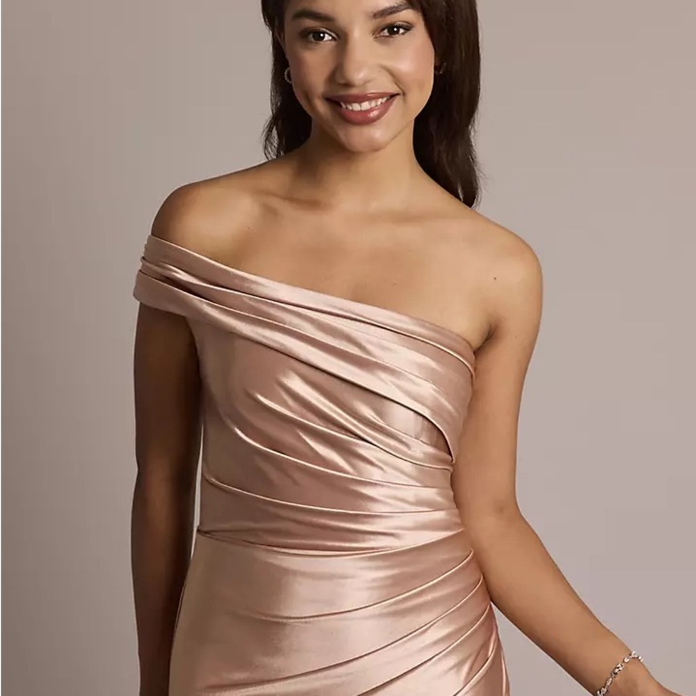 David's Bridal One Shoulder Satin Dress in Sand